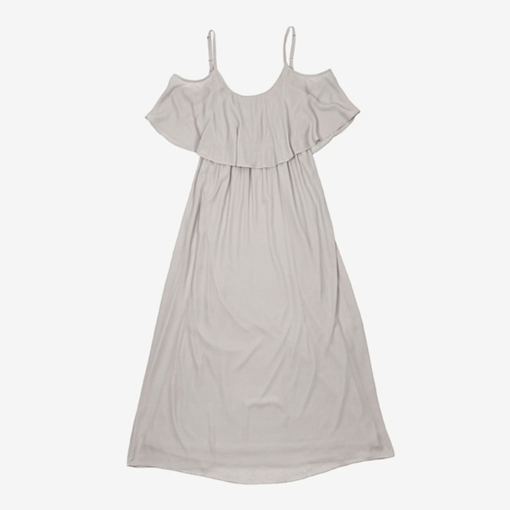 Show Me Your Mumu Caitlin Ruffle Maxi Dress Size L Dove Grey Chiffon Bridesmaid